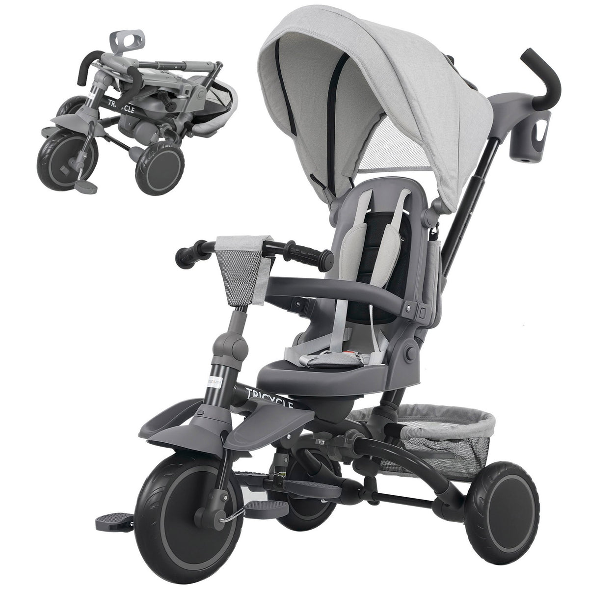 6-in-1 Toddler Tricycle, Adjustable Seat, Foldable, Gray