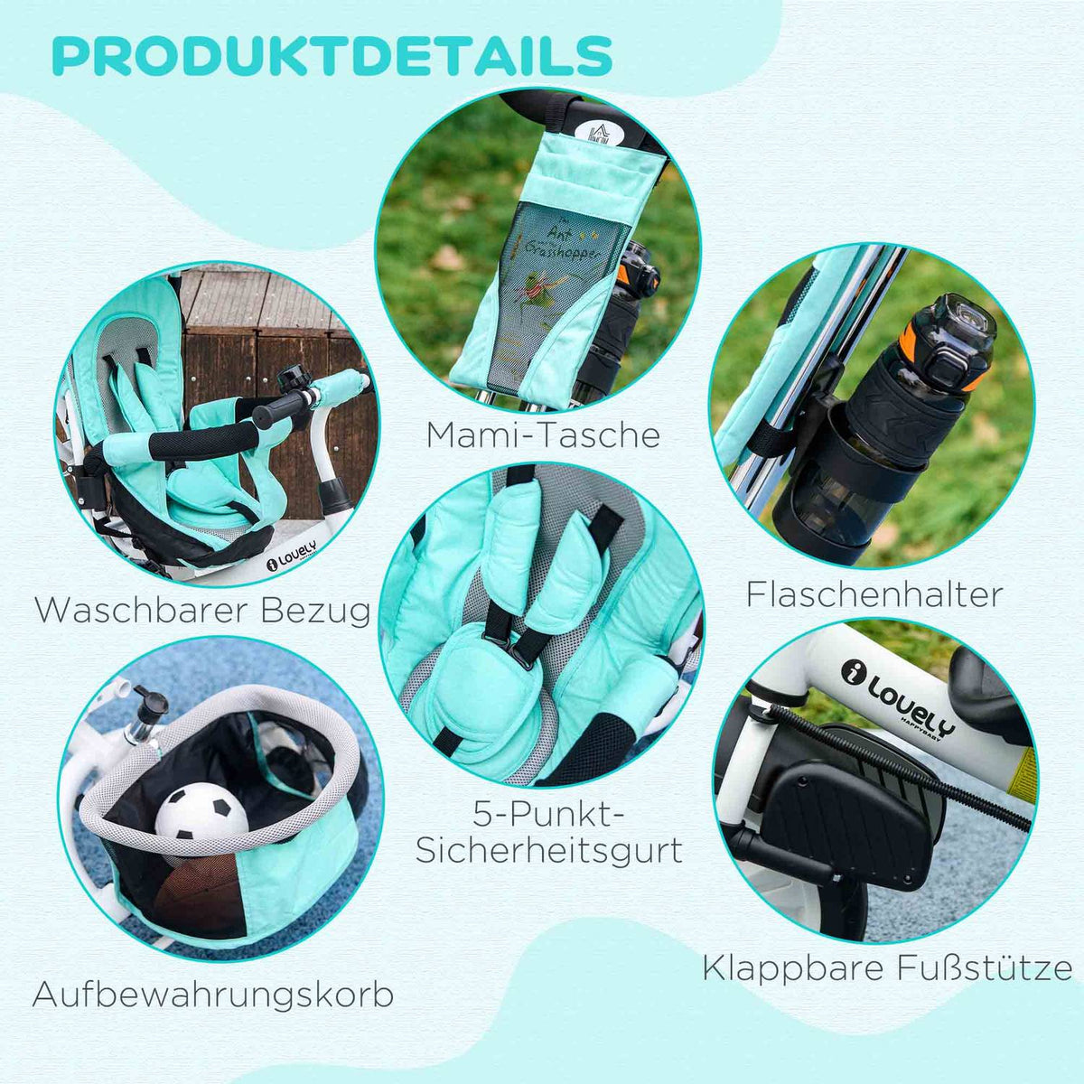 6-in-1 Tricycle with Push Bar, Children's Tricycle with Removable Sun Canopy, Cushion, Balance Bike with 5-Point Safety Belt, Basket, Cup Holder, for 1-5 Years Children, Green