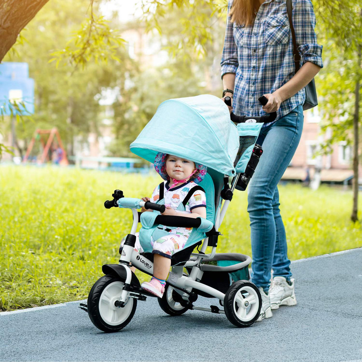6-in-1 Tricycle with Push Bar, Children's Tricycle with Removable Sun Canopy, Cushion, Balance Bike with 5-Point Safety Belt, Basket, Cup Holder, for 1-5 Years Children, Green