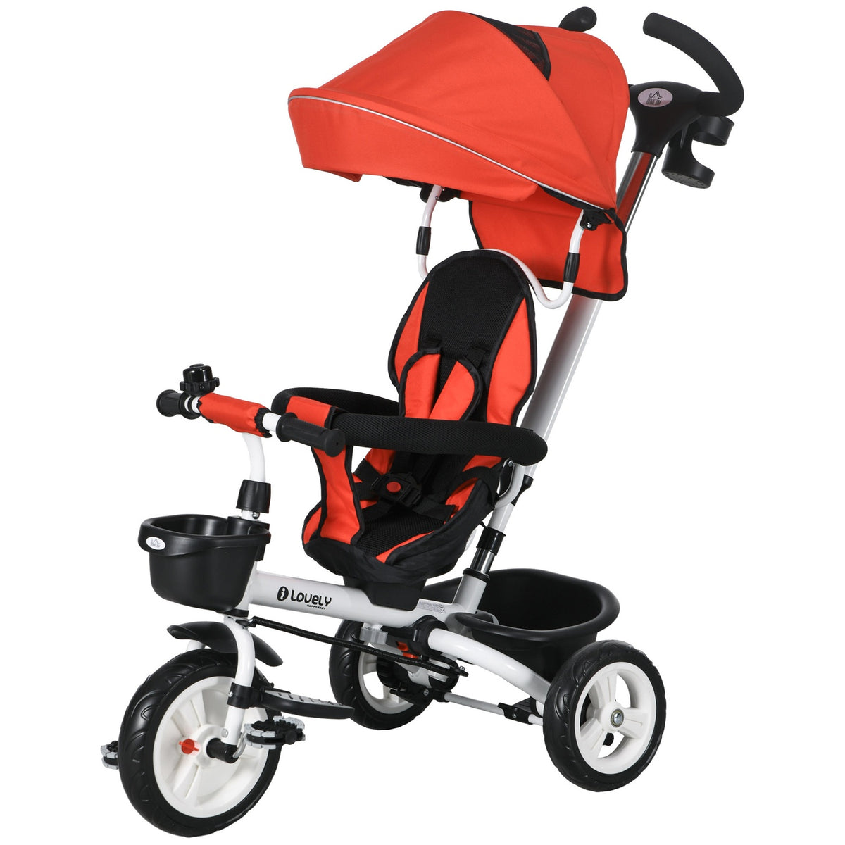6-in-1 children's tricycle with push bar, canopy, belt, storage basket, 18+ months, red