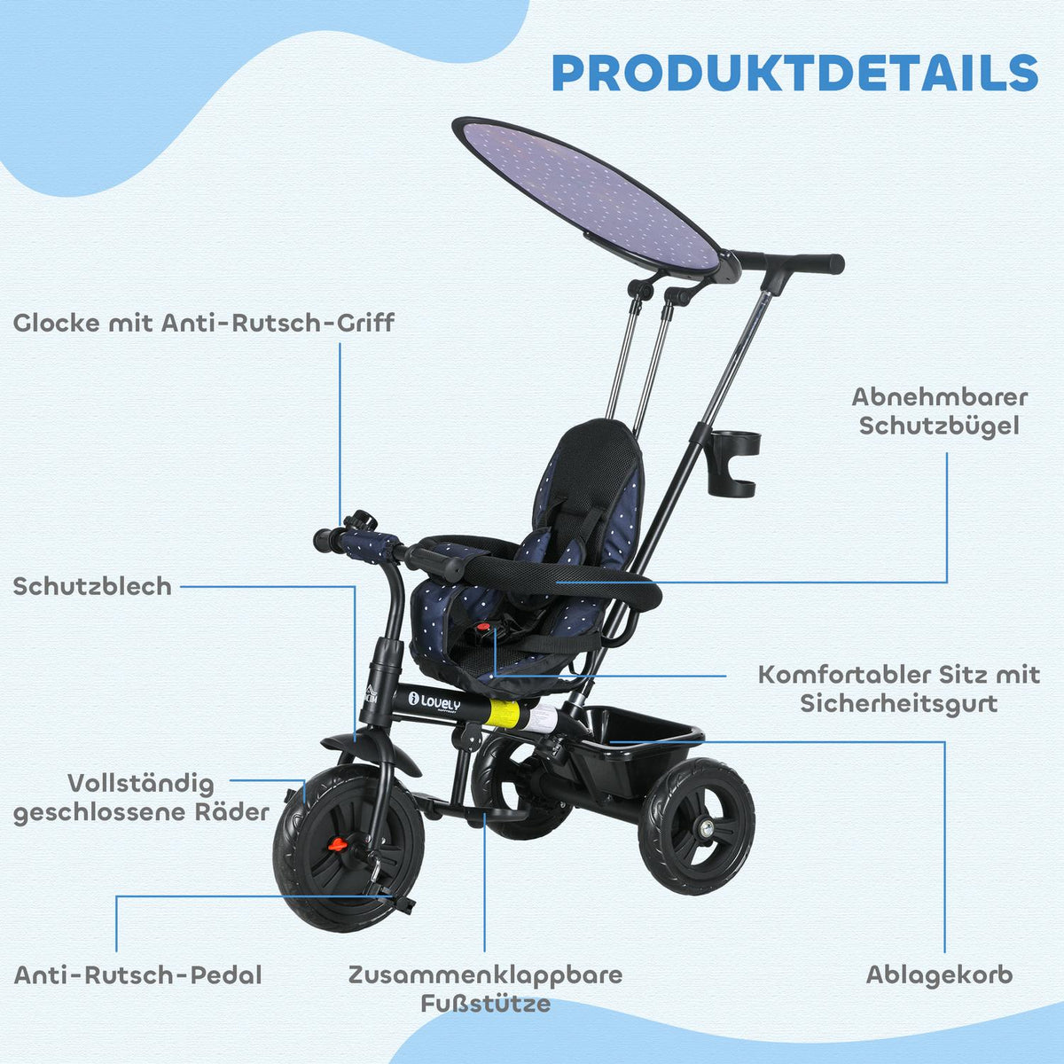 6-in-1 children's tricycle with push bar, roof, belt, storage basket, for 1-5 years, dark blue