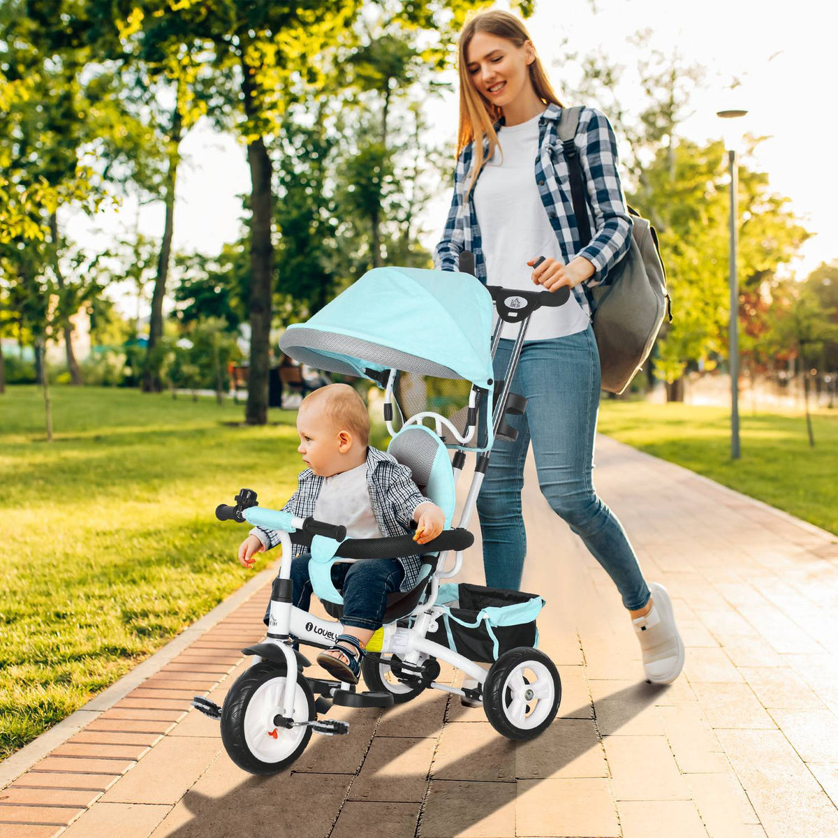 6-in-1 children's tricycle with push bar, roof, belt, storage basket, for 1-5 years, green
