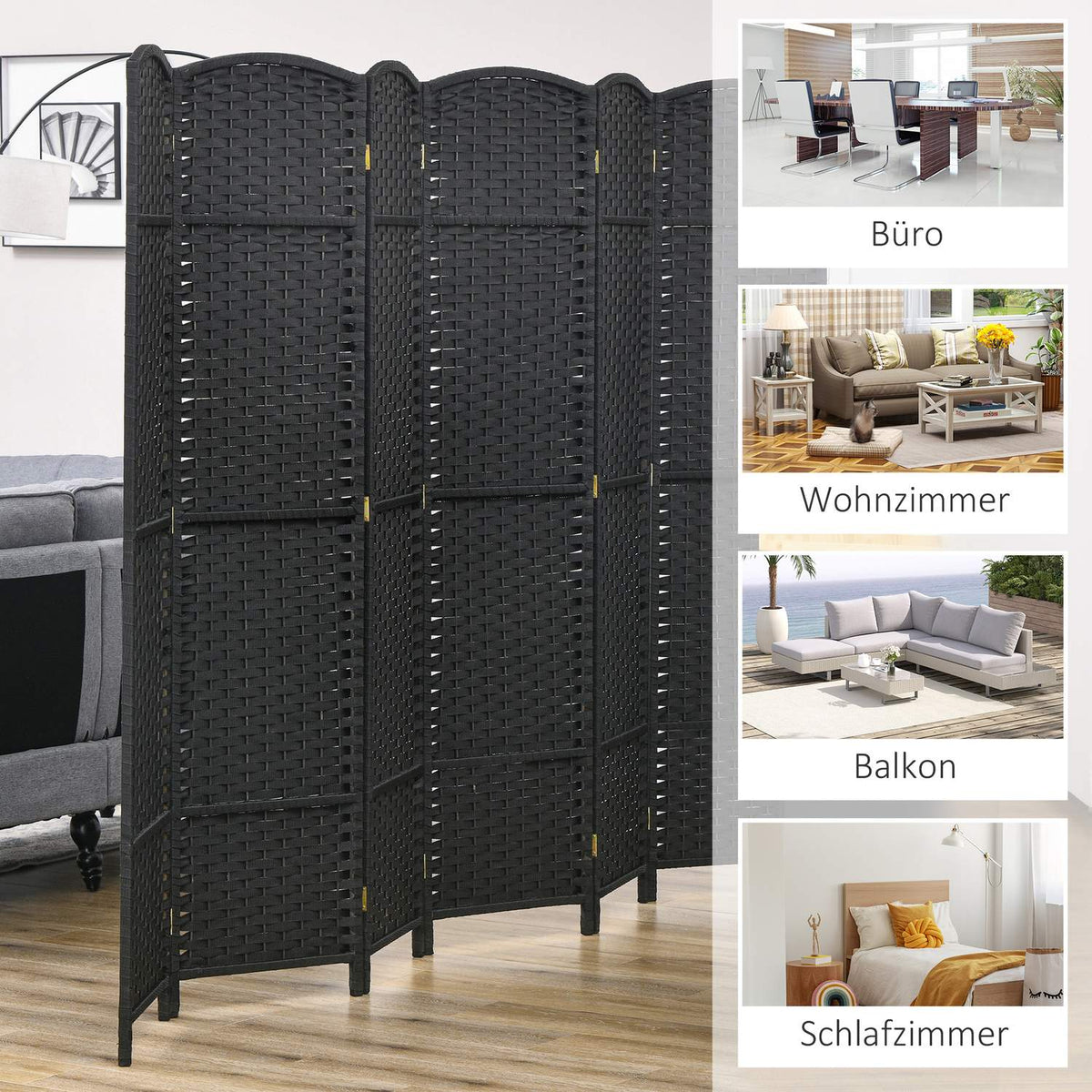 6-panel room divider, foldable privacy screen, privacy screen for living room, bedroom, home office, black