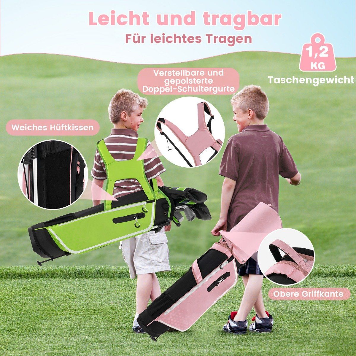 6-piece children's golf club set with golf bag and rain cover for children aged 11-13 years, pink