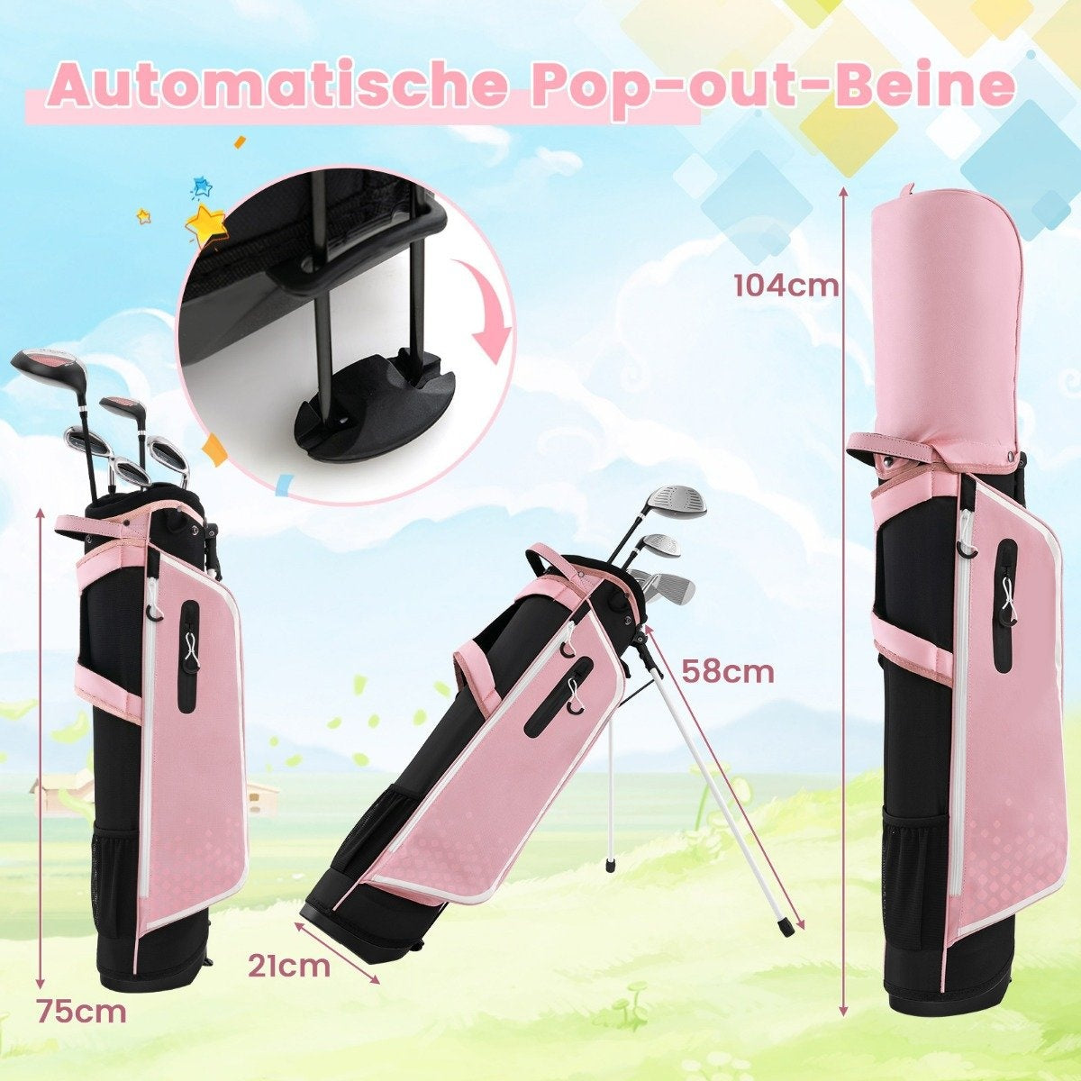 6-piece children's golf club set with golf bag and rain cover for children aged 11-13 years, pink