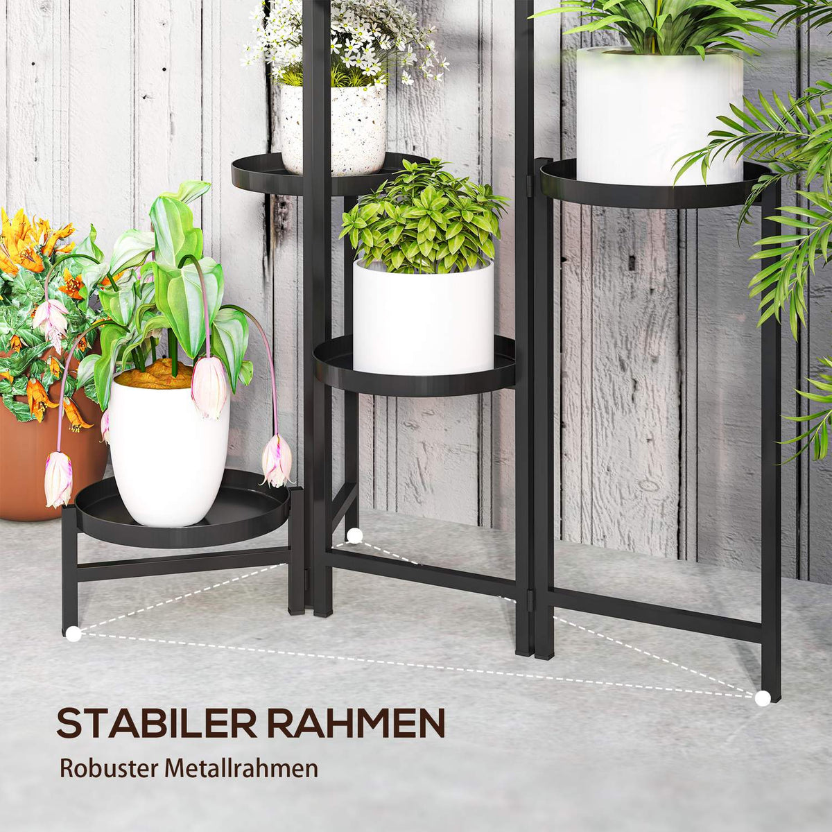 6-tier plant stand with tablets, foldable flower stand for indoor use, metal plant shelf, multi-tier flower shelf, 80cm high flower stair flower column for garden balcony, black