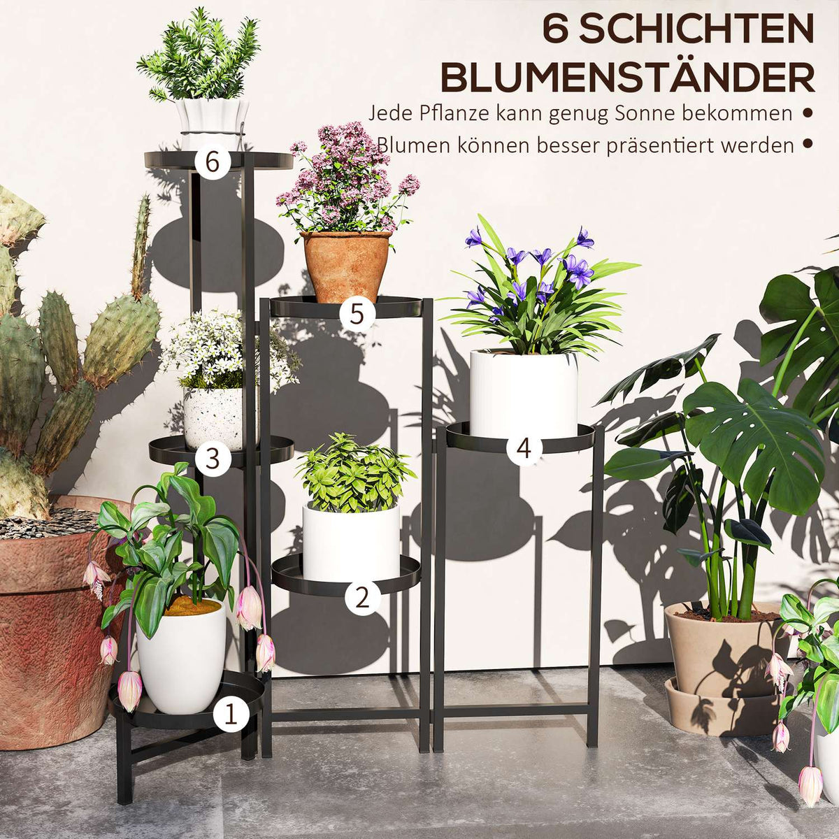 6-tier plant stand with tablets, foldable flower stand for indoor use, metal plant shelf, multi-tier flower shelf, 80cm high flower stair flower column for garden balcony, black