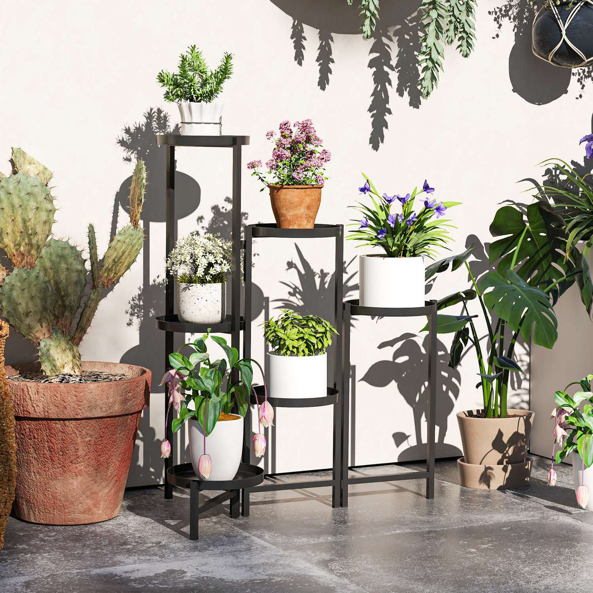 6-tier plant stand with tablets, foldable flower stand for indoor use, metal plant shelf, multi-tier flower shelf, 80cm high flower stair flower column for garden balcony, black