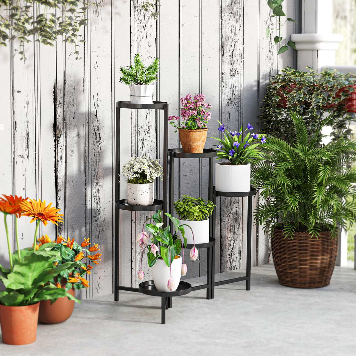 6-tier plant stand with tablets, foldable flower stand for indoor use, metal plant shelf, multi-tier flower shelf, 80cm high flower stair flower column for garden balcony, black