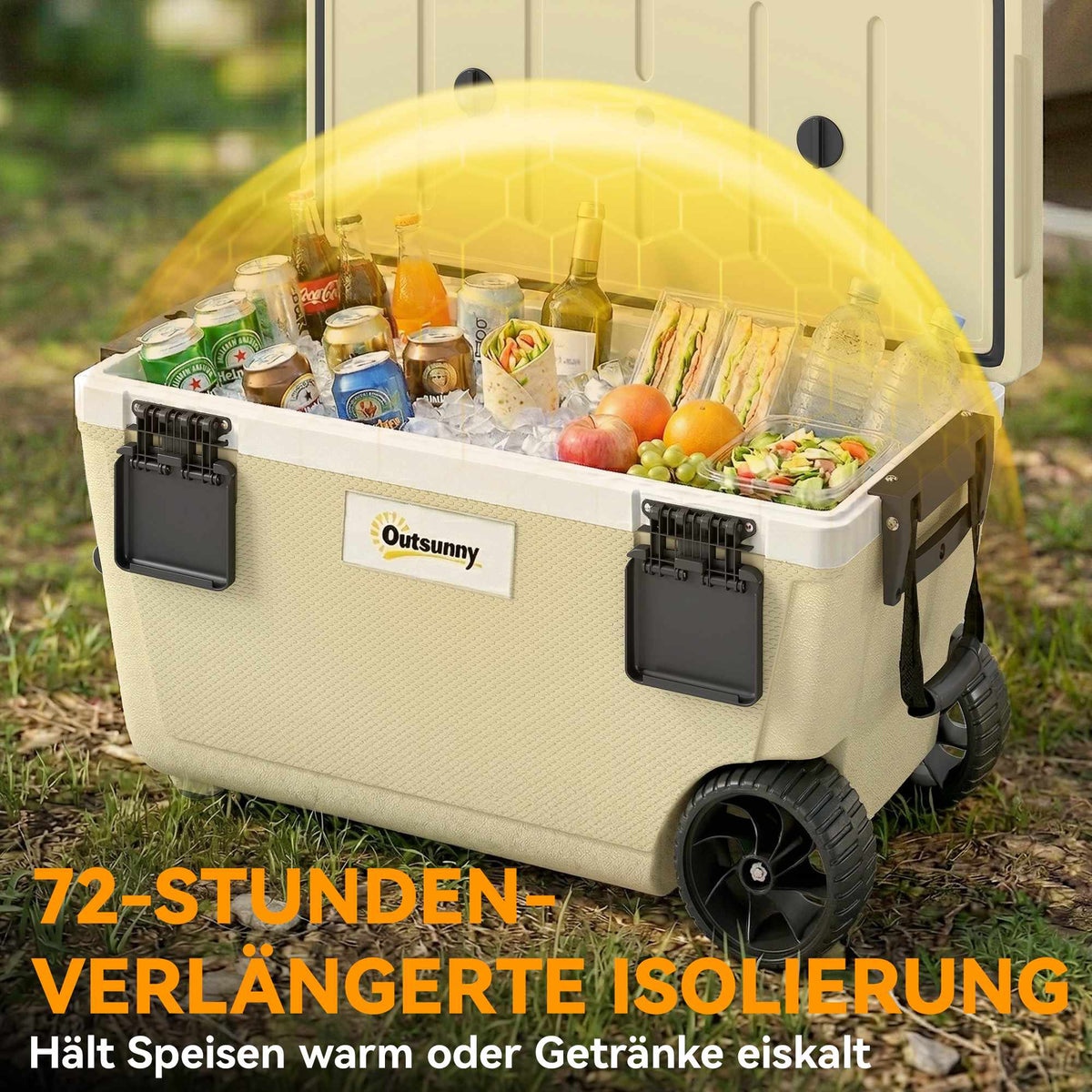 70L Cooler Box with Wheels, 72-Hour Insulation, Drain Valve