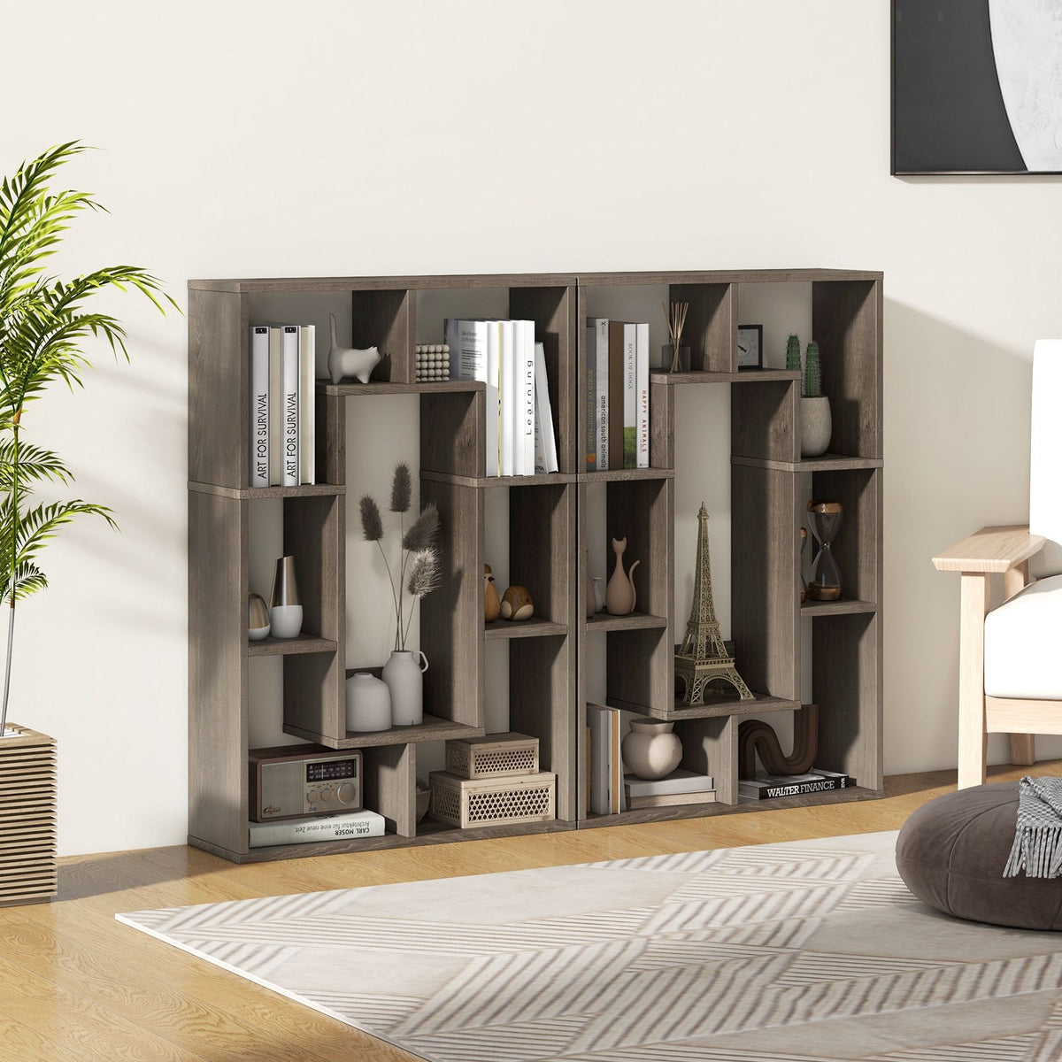 7-Cube Geometric Bookshelf, Engineered Wood, Gray