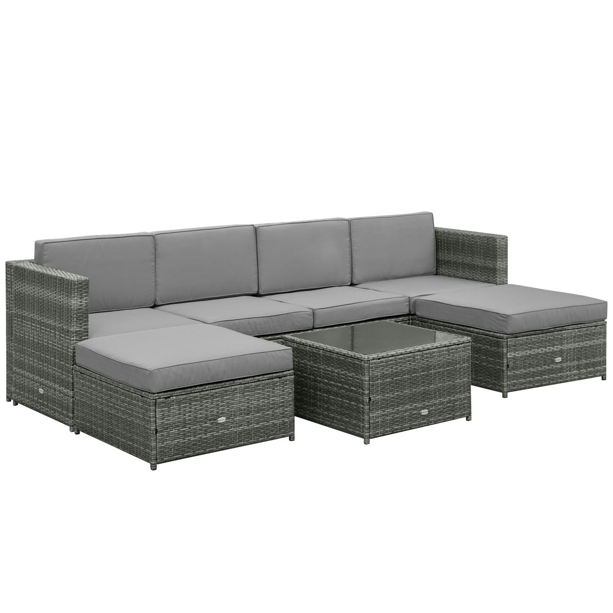 7 Pcs. Polyrattan Garden Furniture Set Lounge Set Lounge Furniture Footstool Seat Cushion Gray Steel Polyester 58X58X37Cm