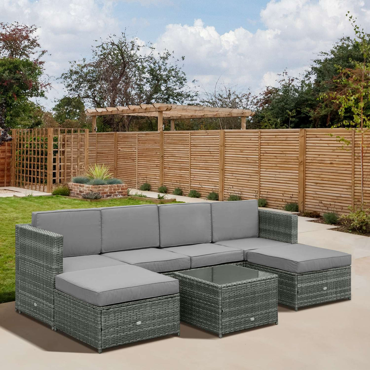 7 Pcs. Polyrattan Garden Furniture Set Lounge Set Lounge Furniture Footstool Seat Cushion Gray Steel Polyester 58X58X37Cm