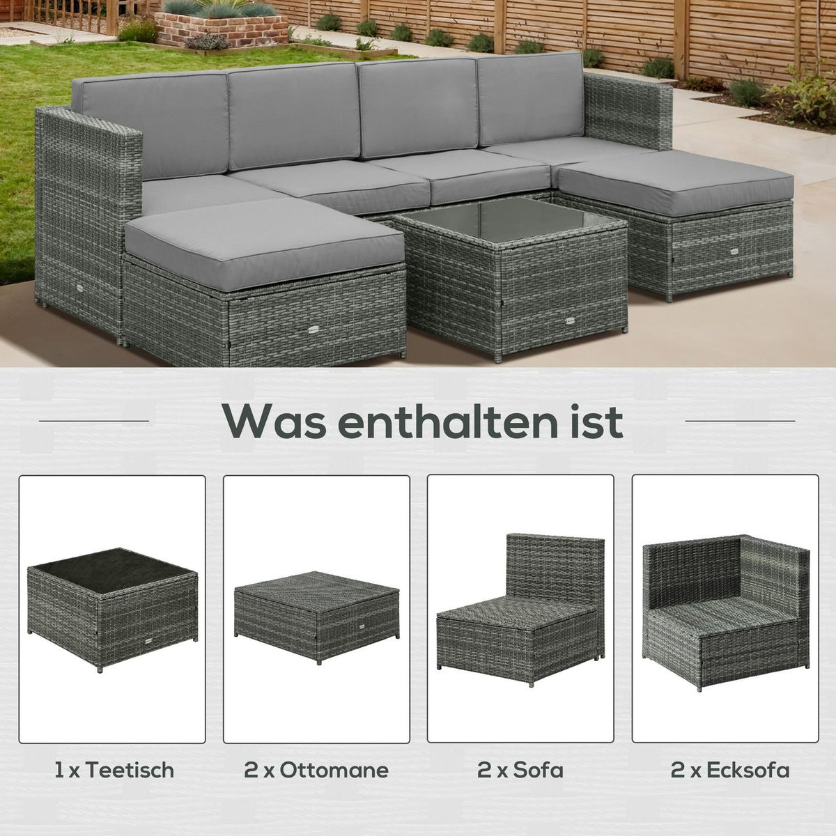 7 Pcs. Polyrattan Garden Furniture Set Lounge Set Lounge Furniture Footstool Seat Cushion Gray Steel Polyester 58X58X37Cm