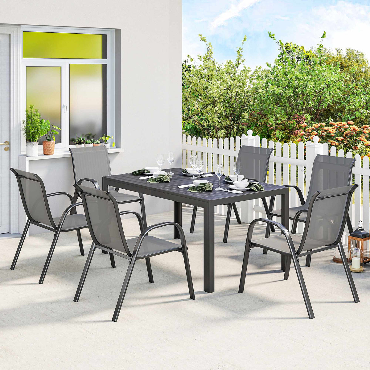 7-Piece Outdoor Furniture Set, Stackable Chairs, Steel Frame