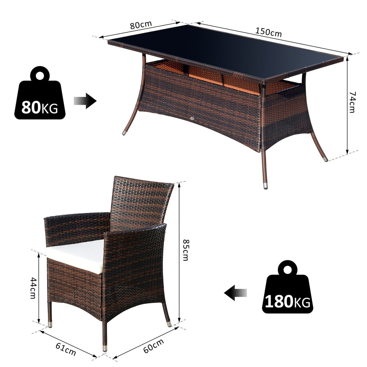 7-Piece Polyrattan Garden Furniture Rattan Garden Set Seating Group Dining Group Including Cushions For 6 People Brown + Cream White 150 X 80 X 74 Cm