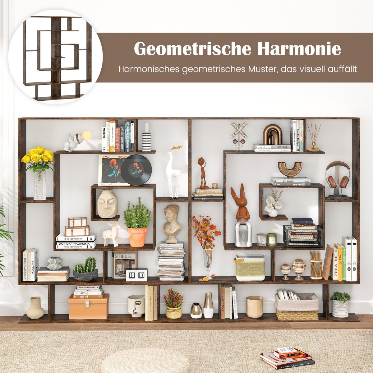 7-Tier Bookshelf, Geometric Design, Rustic Brown