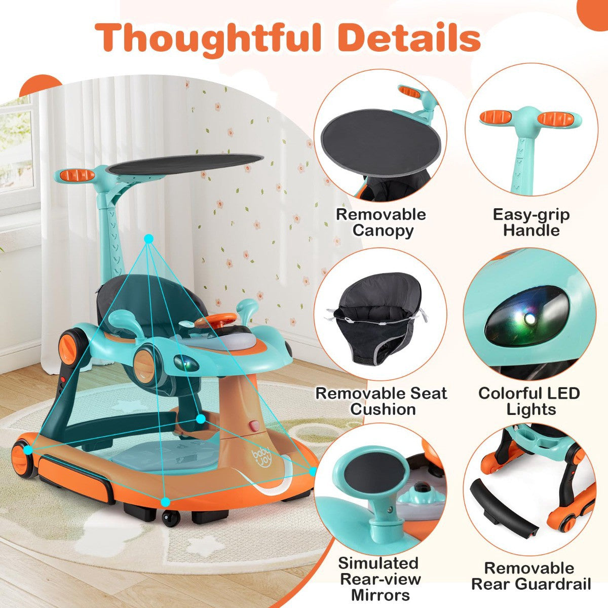 7-in-1 Adjustable Baby Walker with Canopy and Speed Control