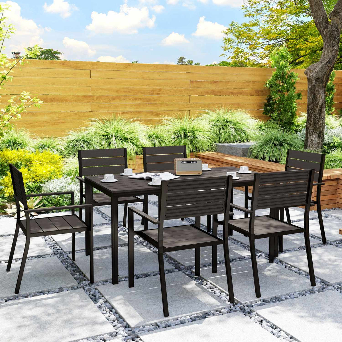 7-piece dining set for 6 people, dining table with 6 chairs, slotted table, dark brown
