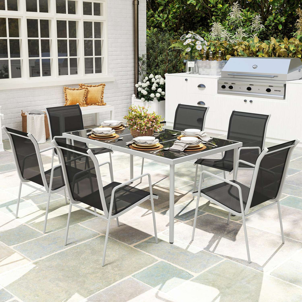 7-piece seating group Dining group for 6 people Dining table with 6 stackable chairs Dining room group with glass table Kitchen table set Balcony furniture Garden furniture for terrace, balcony Dining room Black |