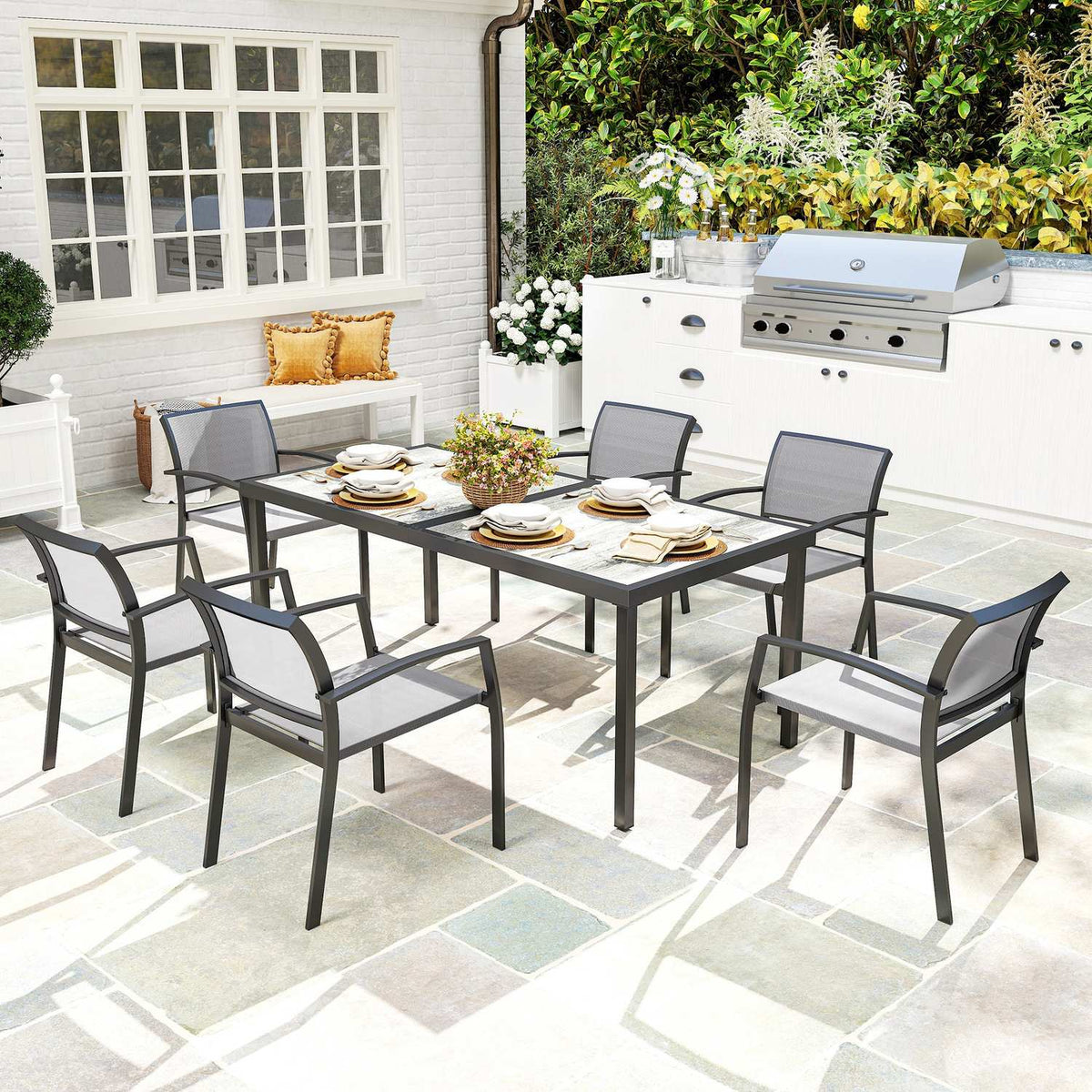 7-piece seating group. Dining group for 6 people, dining table with 6 stackable chairs, dining room group, kitchen table set with steel frame, balcony furniture, garden furniture for terrace, balcony, gray