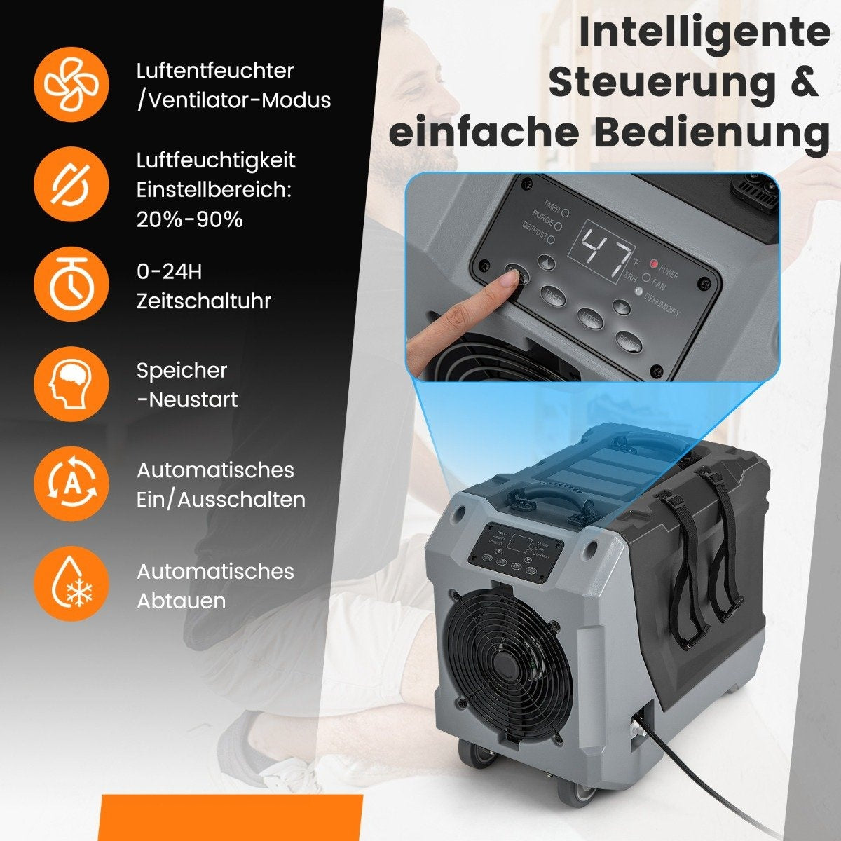 85 L/Day Commercial Dehumidifier with Pump & Drain Hose & 24H Timer Construction Dryer Black