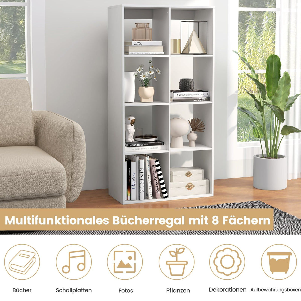 8-Cube Bookshelf with Back Rail & Anti-Tip Kit, White