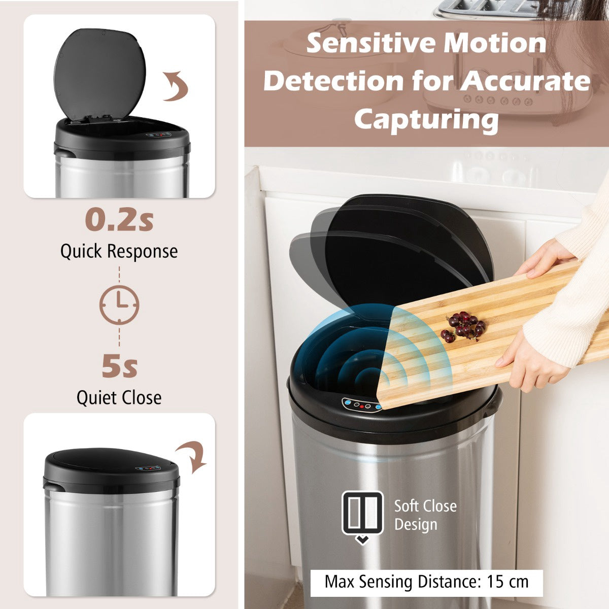 8 Gallon Touchless Motion Sensor Trash Can, Stainless Steel, Silver