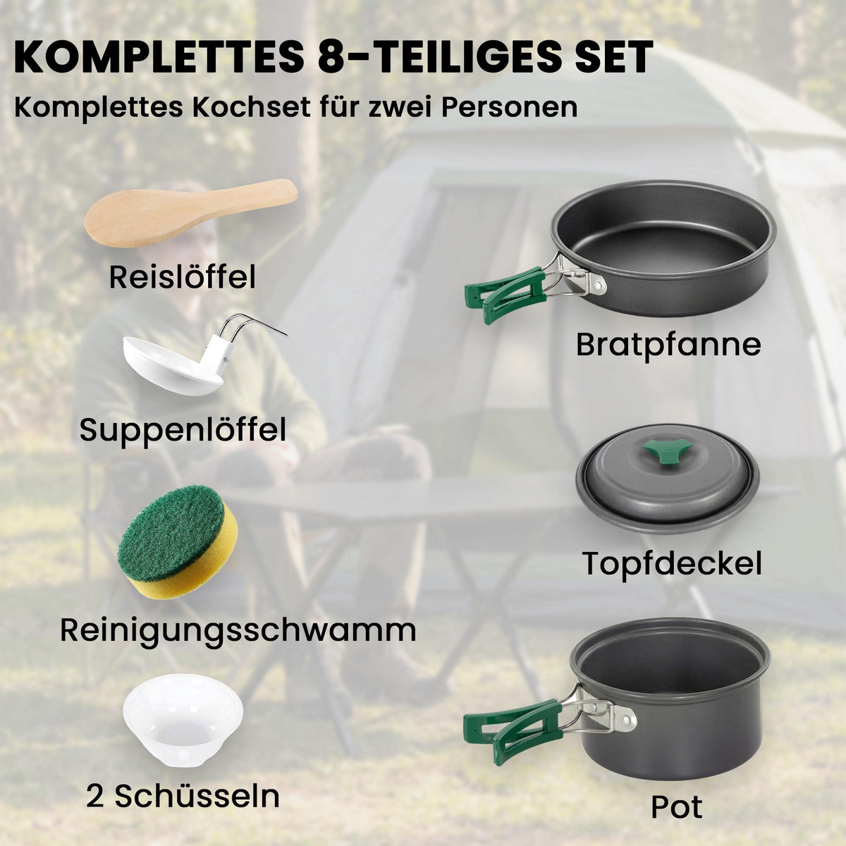 8-Piece Camping Cookware Set with Anti-Scald Handles