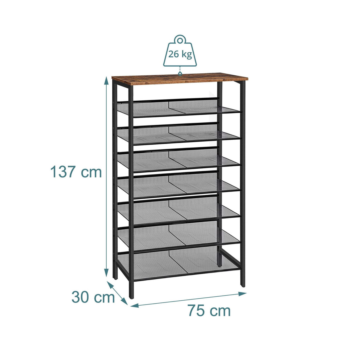 8-Tier Metal & MDF Shoe Rack, Brown