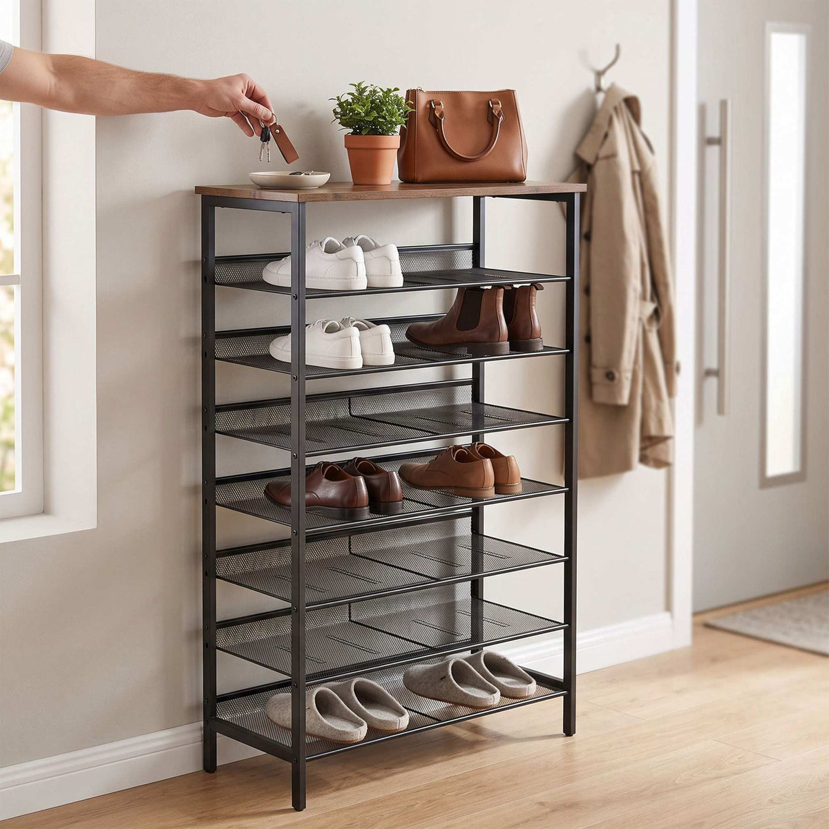 8-Tier Metal & MDF Shoe Rack, Brown