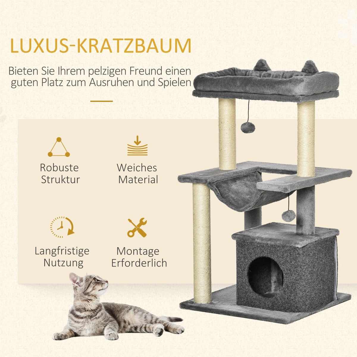 90Cm Scratching Post Hammock Play Tree Cat Cave Platforms Climbing Tree Plush Sisal Gray