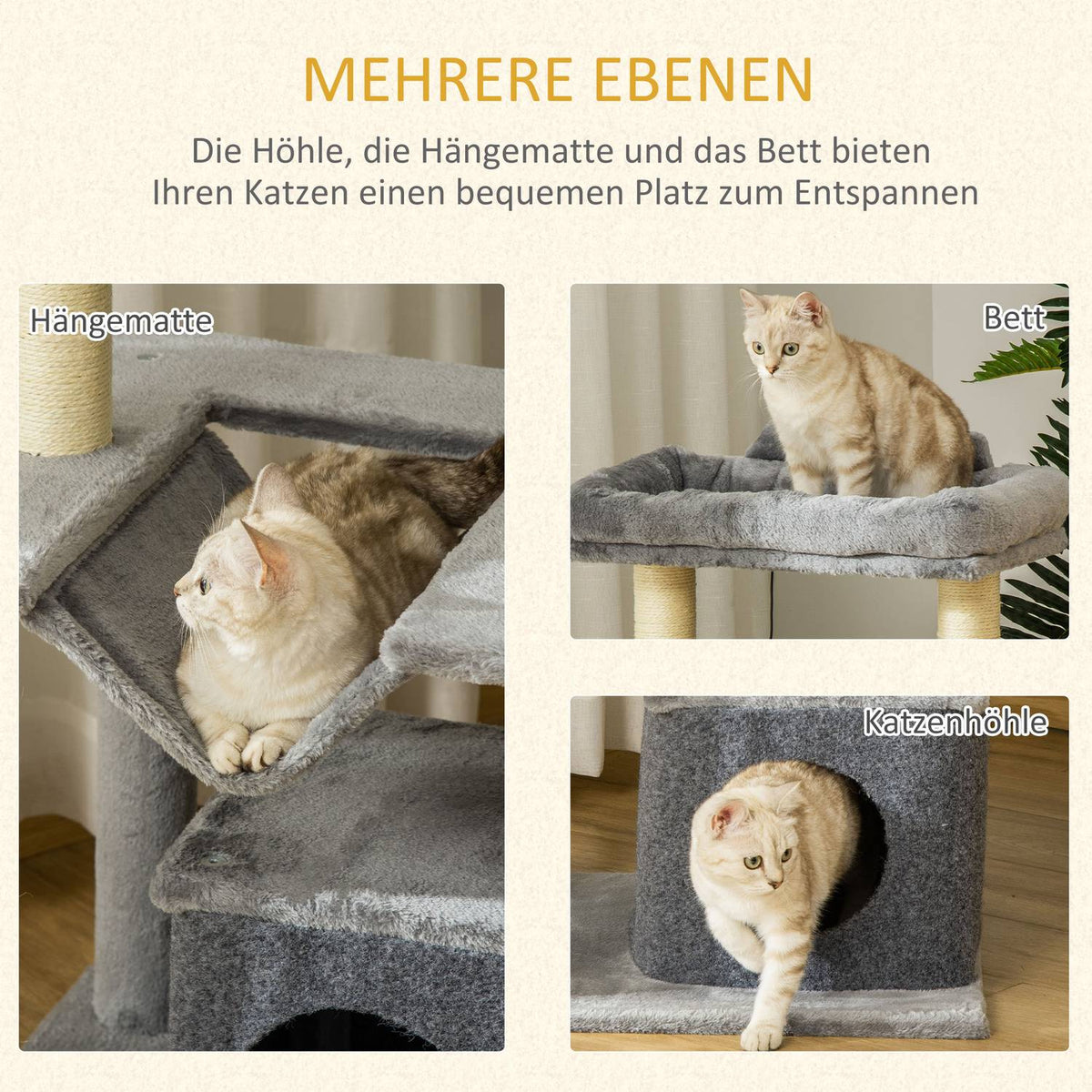 90Cm Scratching Post Hammock Play Tree Cat Cave Platforms Climbing Tree Plush Sisal Gray