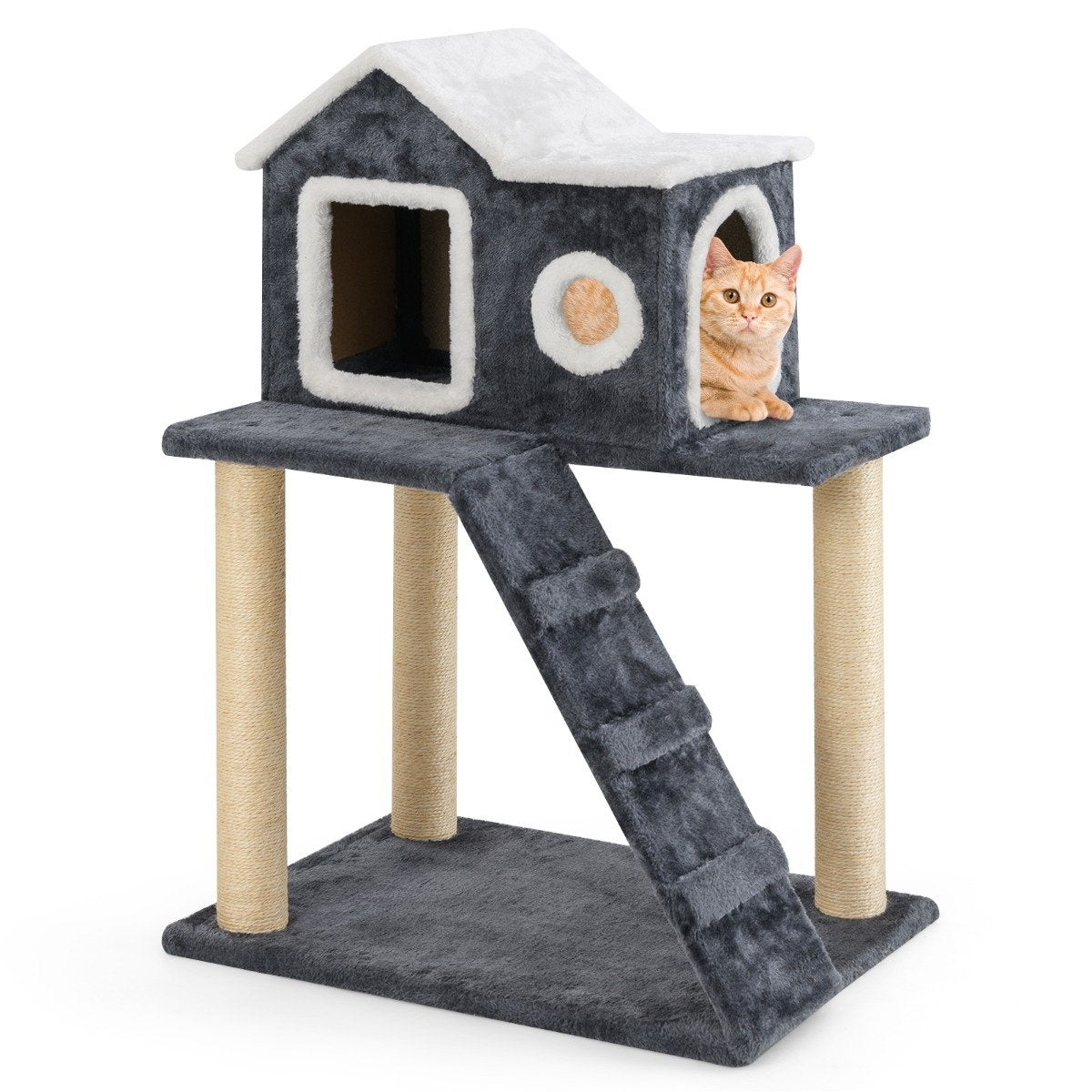 90 cm High Scratching Post with Large Cave & Ladder & Sisal Posts Cat Tree Climbing Tree Grey