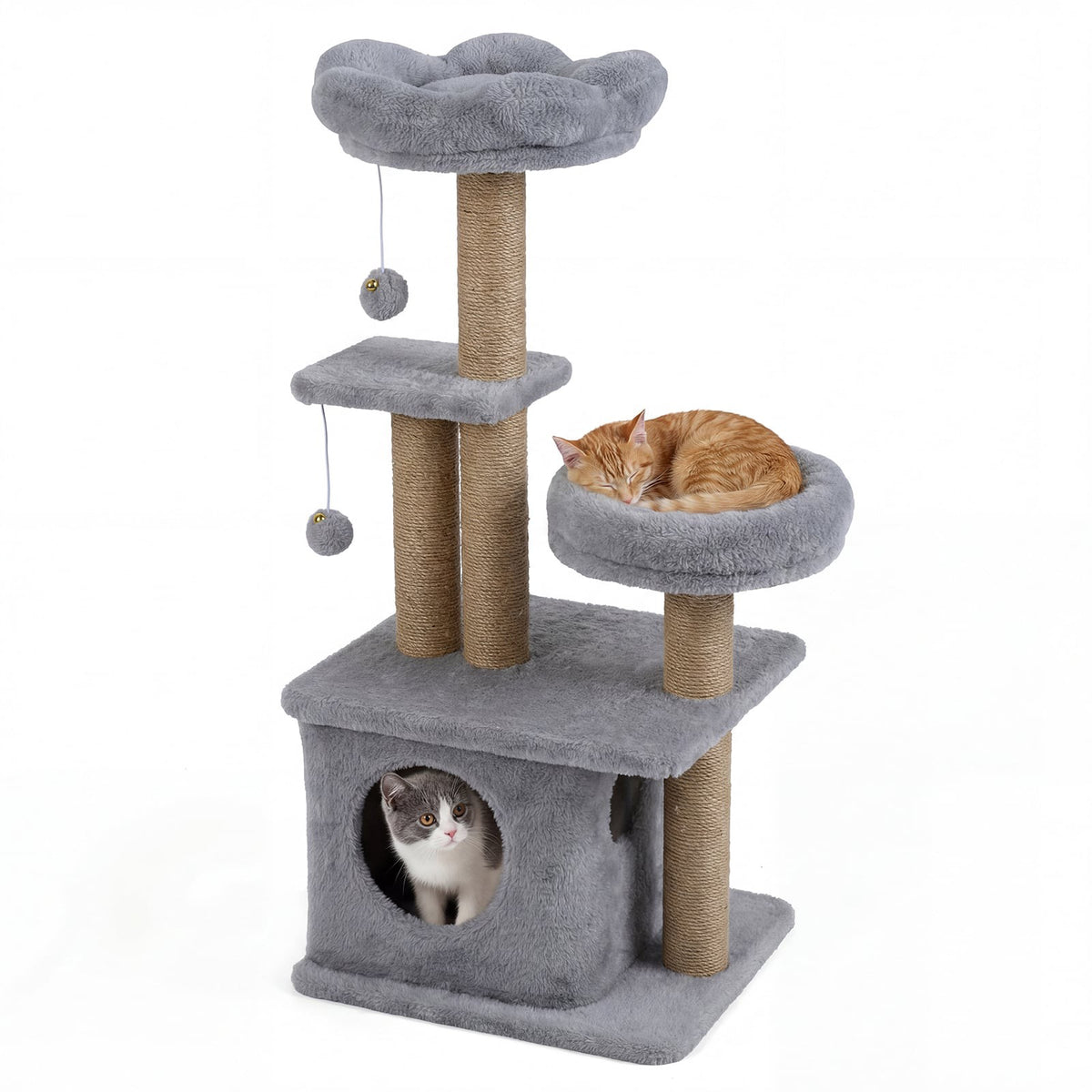 96 cm Cat Tree with Condo, Platform, Bed & Toys, Grey