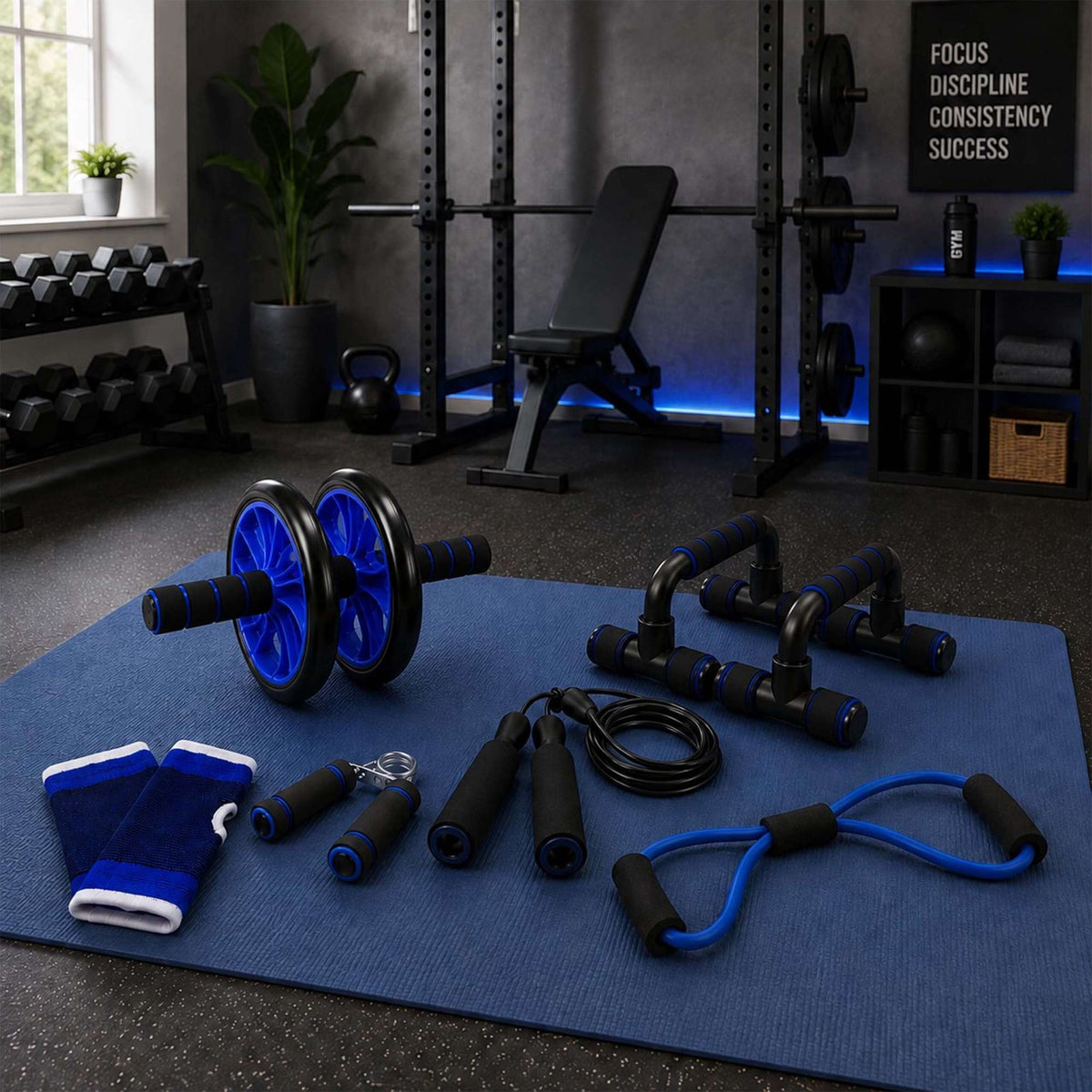 9-Piece Blue Fitness Equipment Set with Accessories