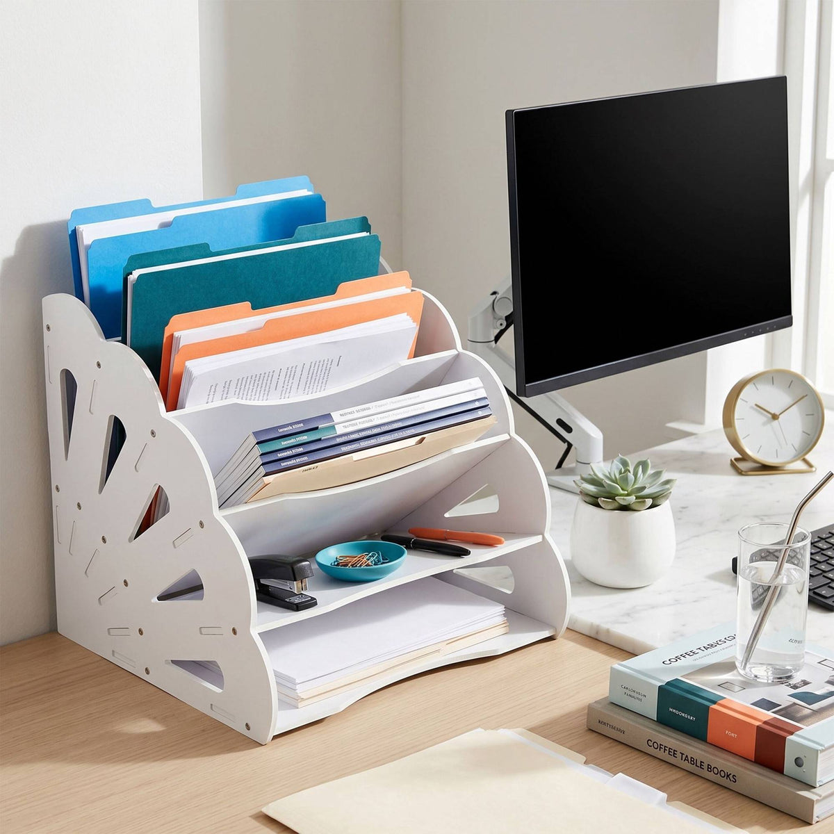 A4 MDF Desk Organiser, 5 Compartments - White