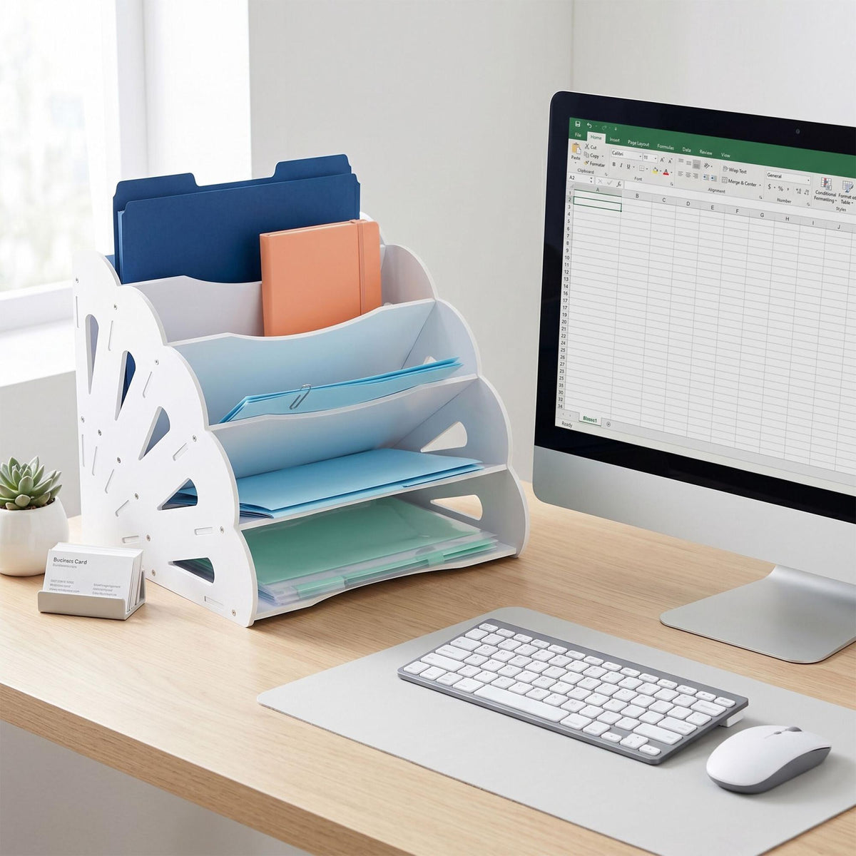 A4 MDF Desk Organiser, 5 Compartments - White