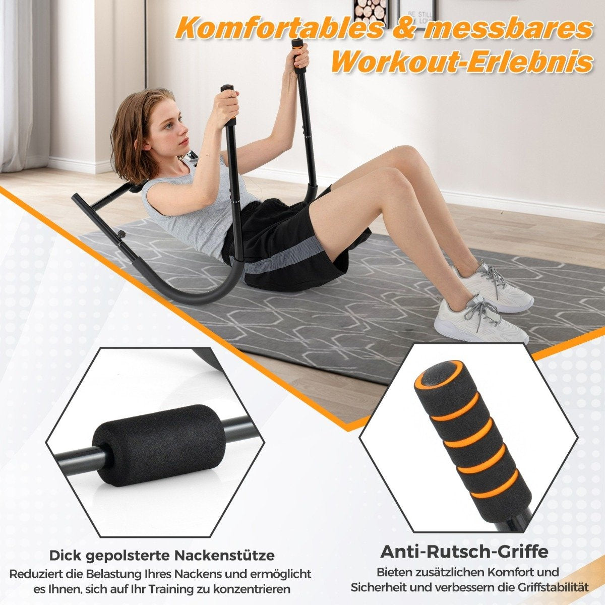 Abdominal trainer with padded headrest, foldable AB trainer, abdominal muscle trainer, abdominal training device, black