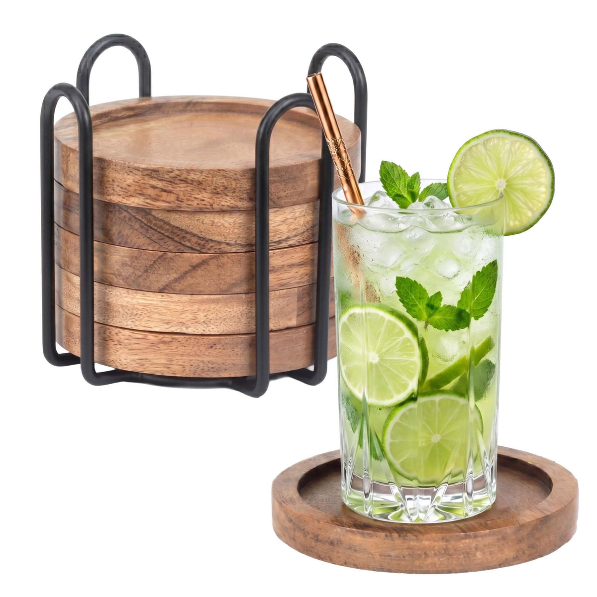 Acacia Wood Coaster Set with Holder – 6 Pieces