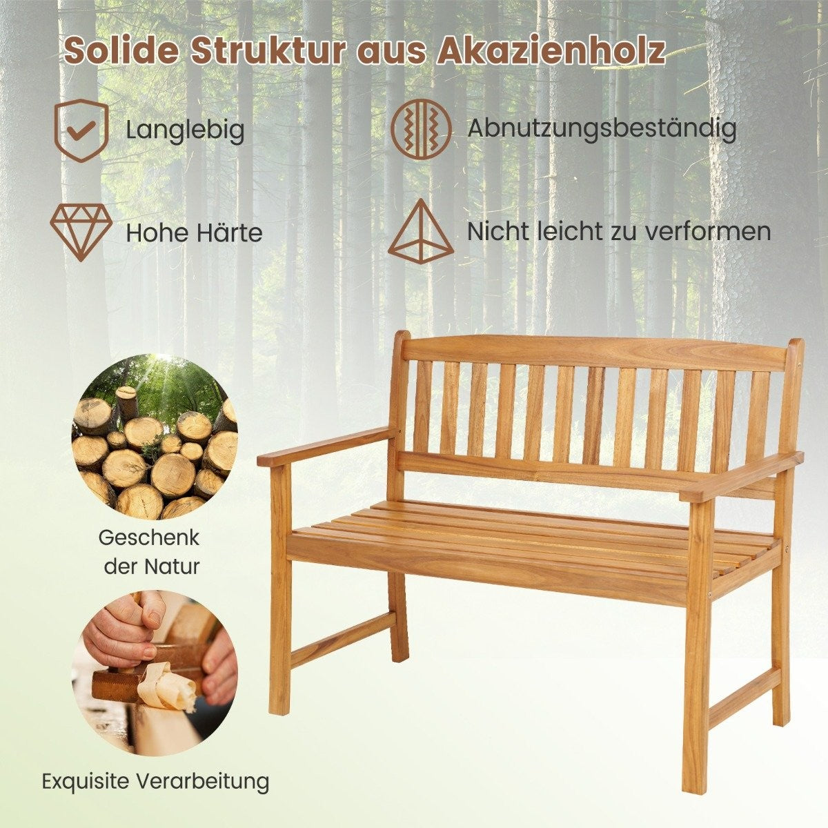 Acacia Wood Garden Bench for 2 with Armrests, 110cm