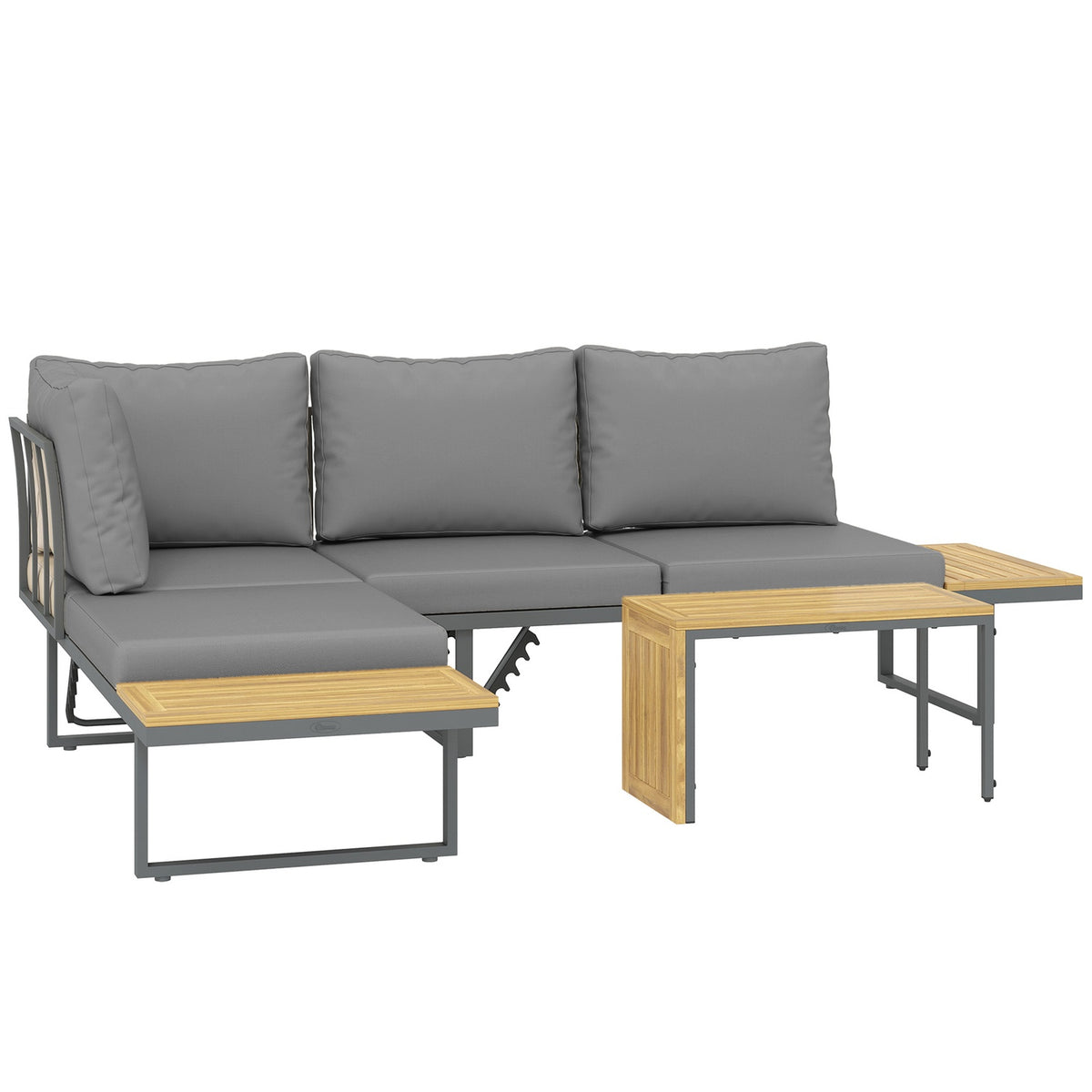 Acacia wood garden furniture set for 6 people, L-shaped garden lounge with corner bench, adjustable backrest, side table, cushion, balcony furniture set, outdoor seating group for garden, terrace, balcony, light gray