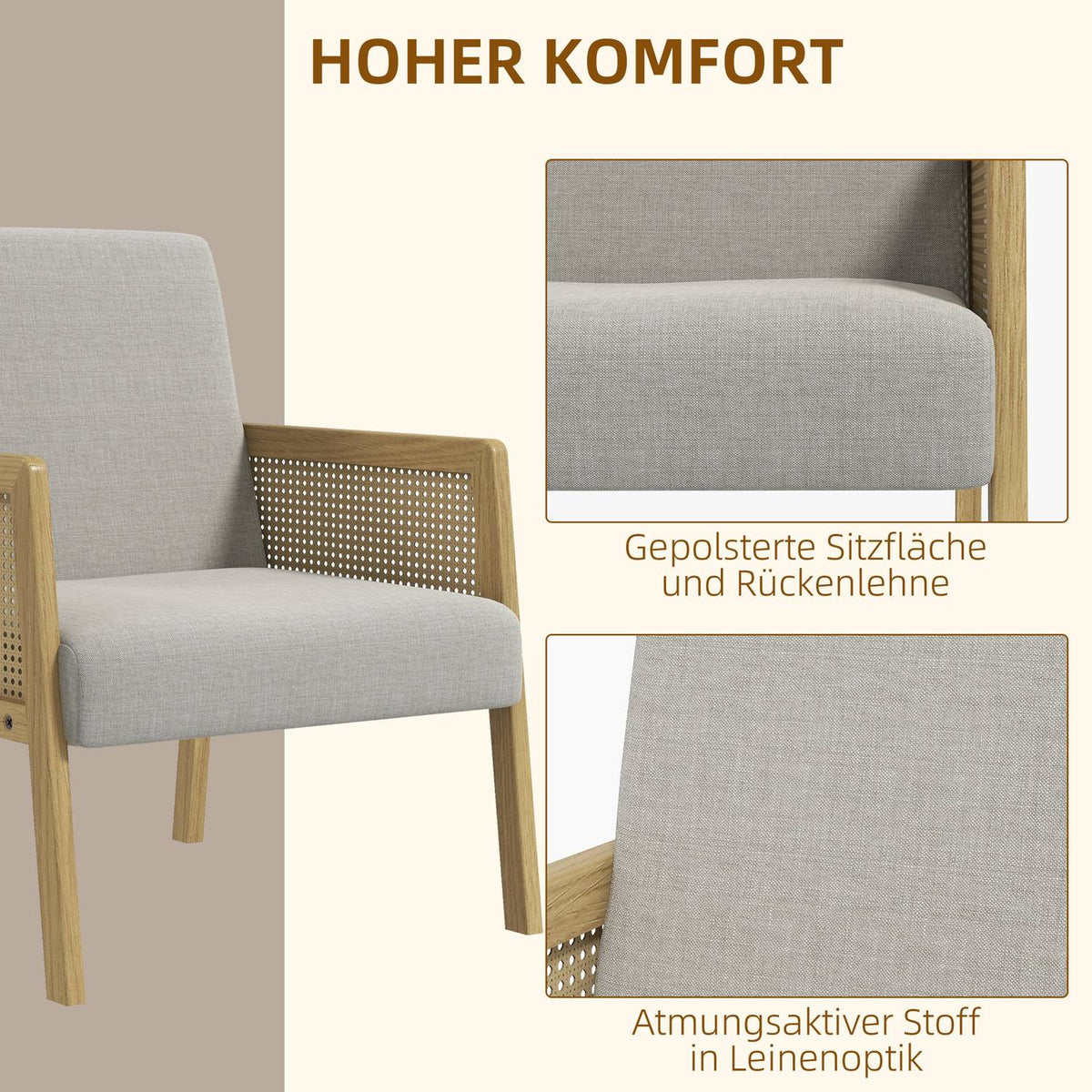 Accent Chair, Relaxation Chair & Lounge Chair With Armrest In Rattan Look, Upholstered, Linen Look, For Living Room