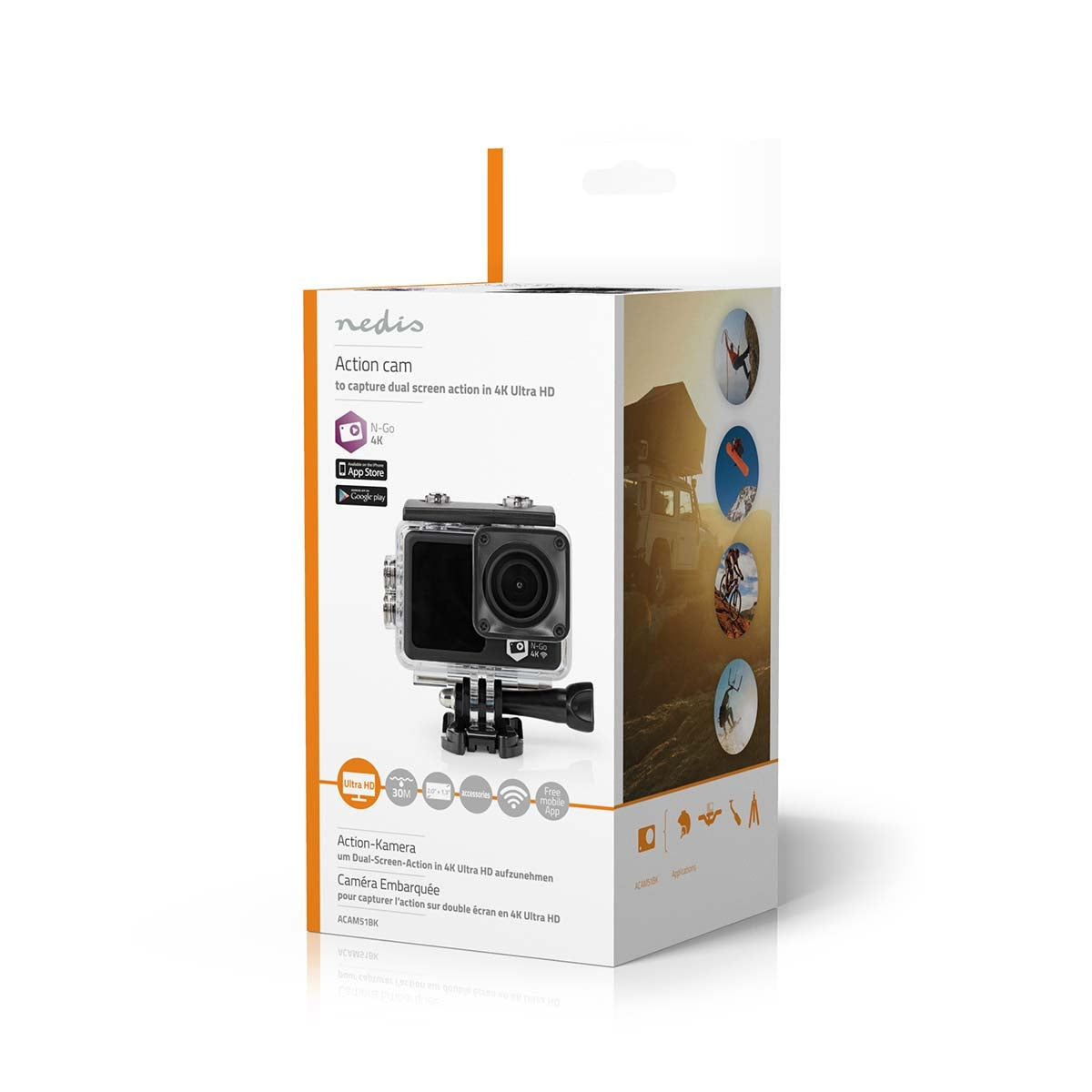 Action Cam | Dual Screen | 4K@30fps | 16 MPixel | Waterproof up to: 30.0 m | 90 min | Wi-Fi | App available for: Android™ / IOS | Mounts included | Black
