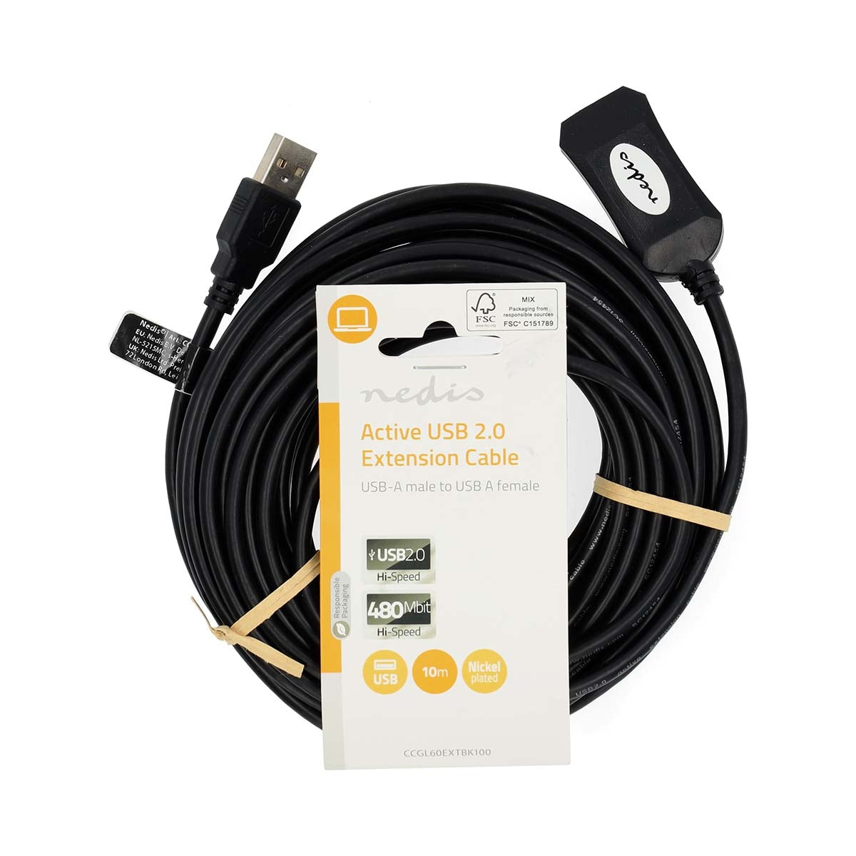 Active USB cable | USB 2.0 | USB-A Male | USB-A Female | 480 Mbps | 10.0 m | Round | Nickel Plated | PVC | Copper | Label