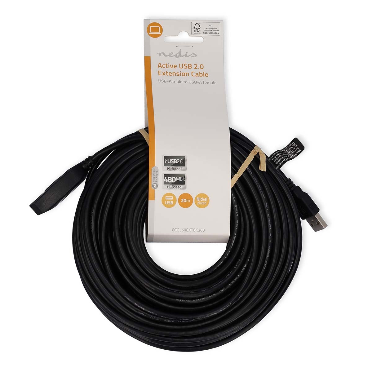 Active USB cable | USB 2.0 | USB-A Male | USB-A Female | 480 Mbps | 20.0 m | Round | Nickel Plated | PVC | Copper | Label