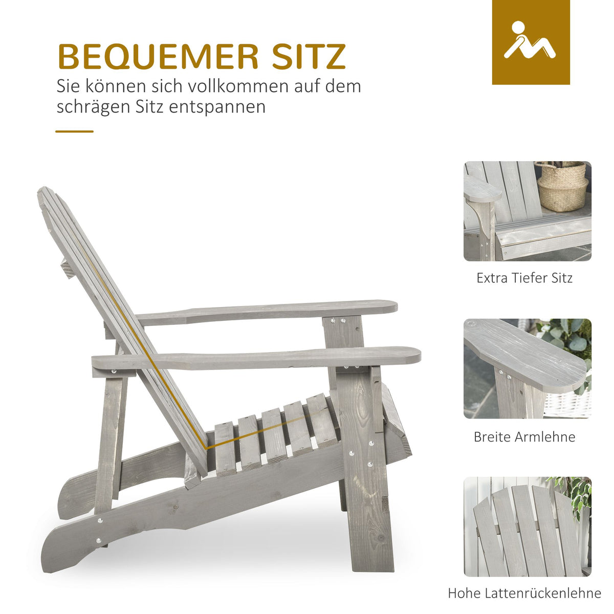 Adirondack Chair, Weatherproof Wood, High Back, Grey