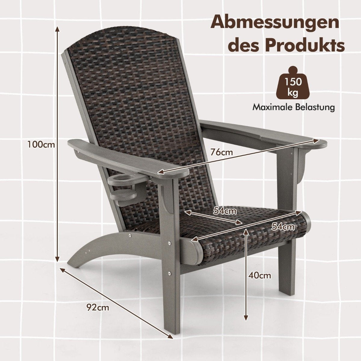 Adirondack Chair with Cup Holder, HDPE & Rattan, Gray