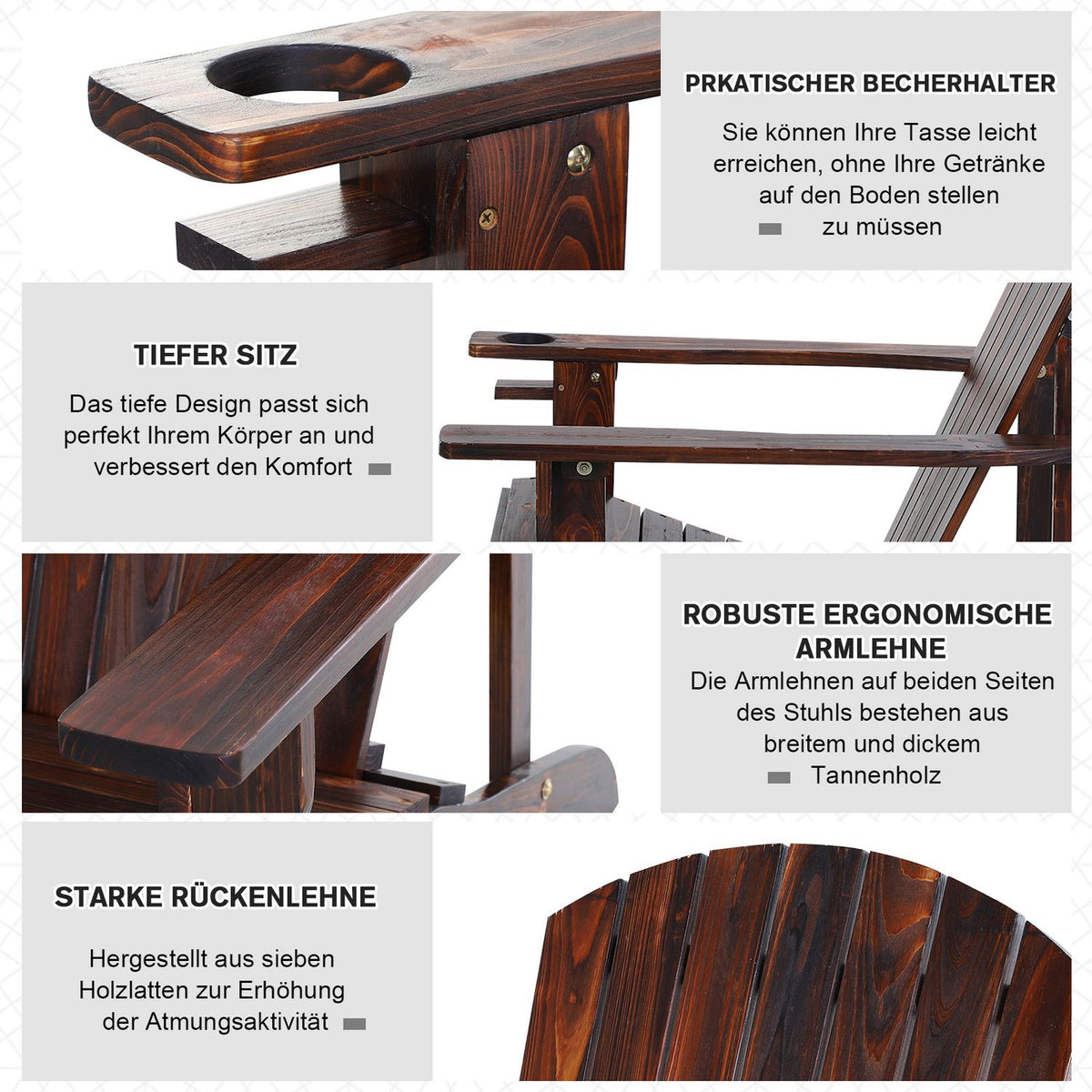 Adirondack Garden Chair With Cup Holder Balcony Chair Solid Wood Charred 72.5 X 97 X 93 Cm
