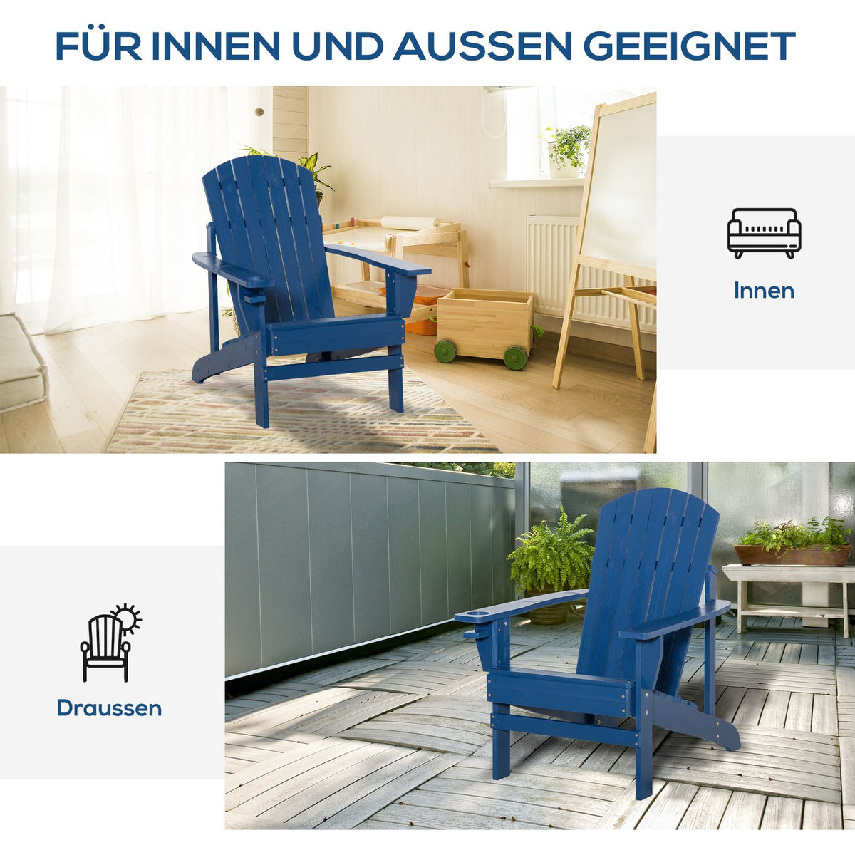 Adirondack Garden Chair With Cup Holder Garden Lounger Balcony Chair Solid Wood Blue 97 X 72.5 X 93 Cm